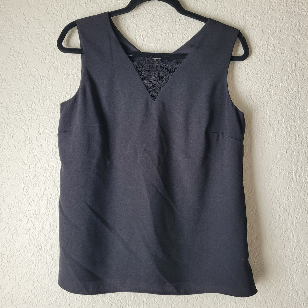 TALBOTS Women's Polyester Tank Top Lace Trim Zip Slit Lined Solid Black Size 6